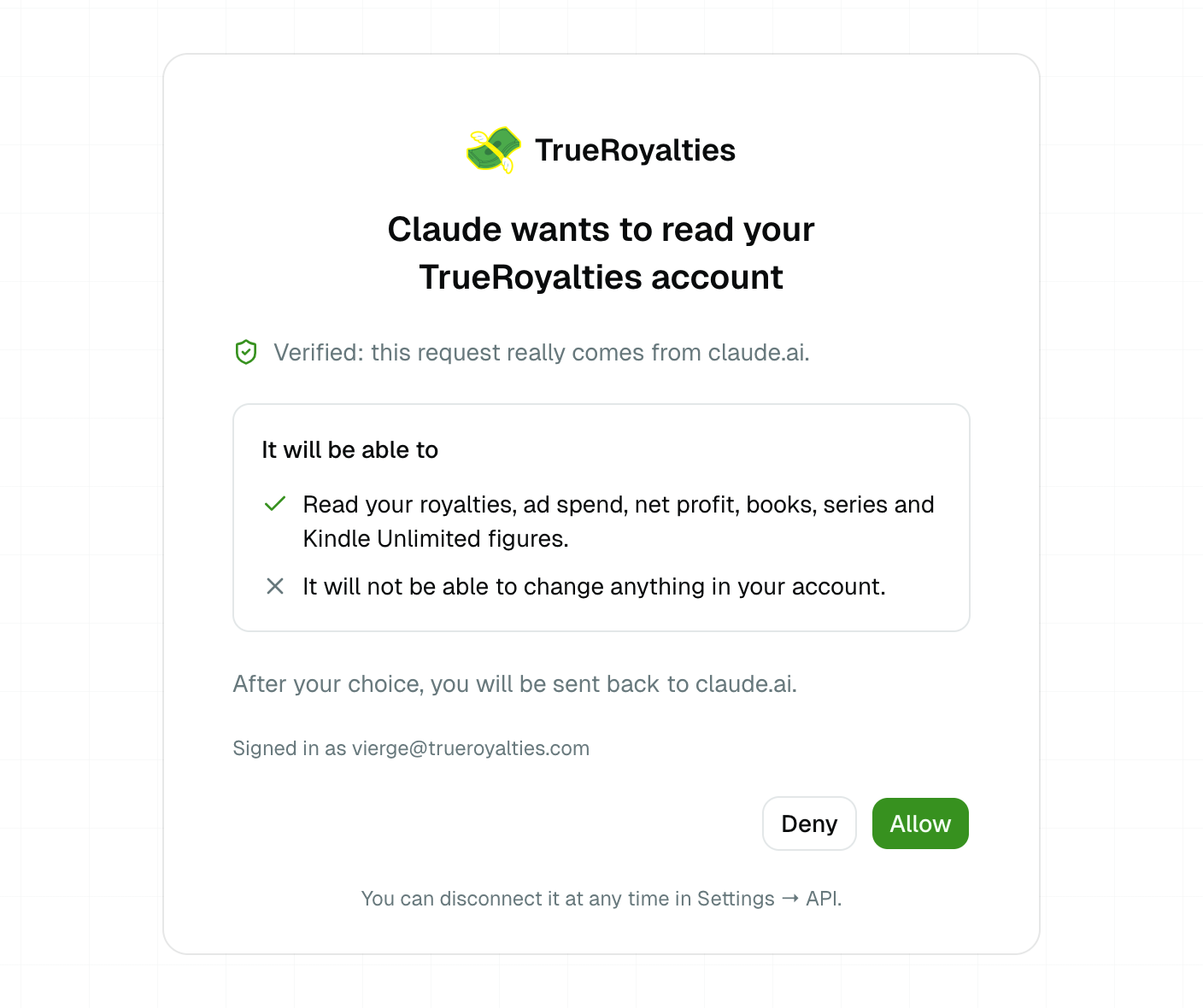 La página de autorización de TrueRoyalties, donde Claude pide leer la cuenta, verificada como procedente de claude.ai, con lo que puede y no puede hacer y los botones para permitir o denegar