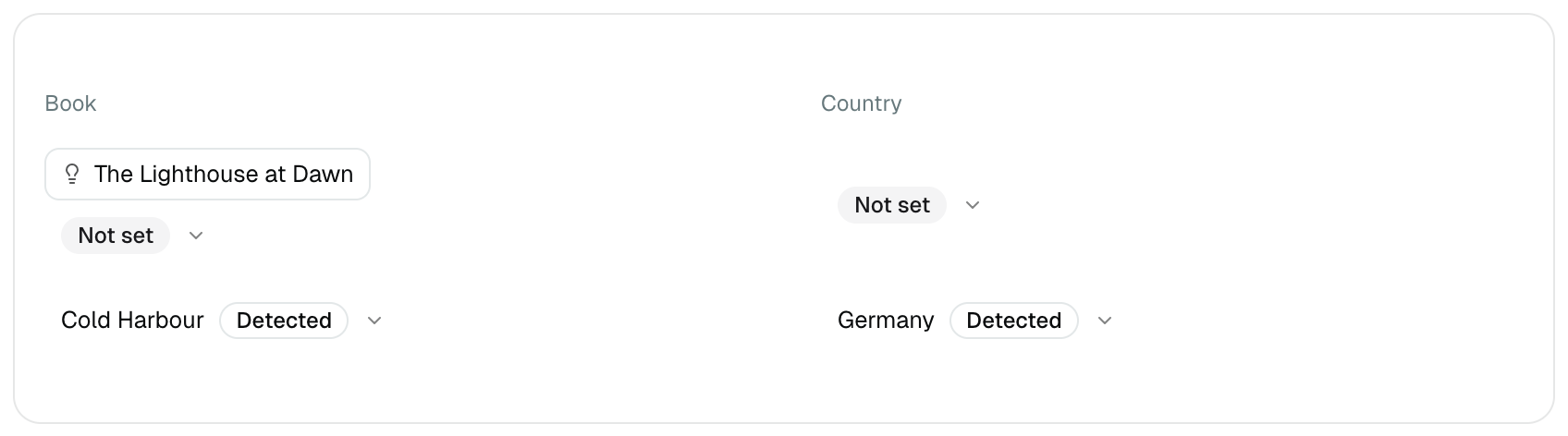 Die Buch- und Länder-Auswahl einer Anzeige, mit einem vorgeschlagenen Buchtitel als Ein-Klick-Chip und einem Erkannt-Abzeichen an einem Wert, den ein Link verraten hat