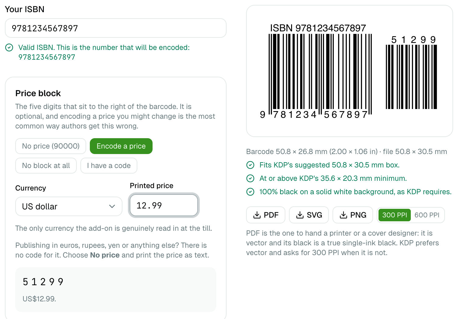 The ISBN barcode generator: an ISBN box reading 9781234567897, a price block set to US dollar 12.99, and the resulting barcode with its 51299 price add-on, sized 50.8 by 26.8 mm and passing KDP's box, minimum size and 100% black checks