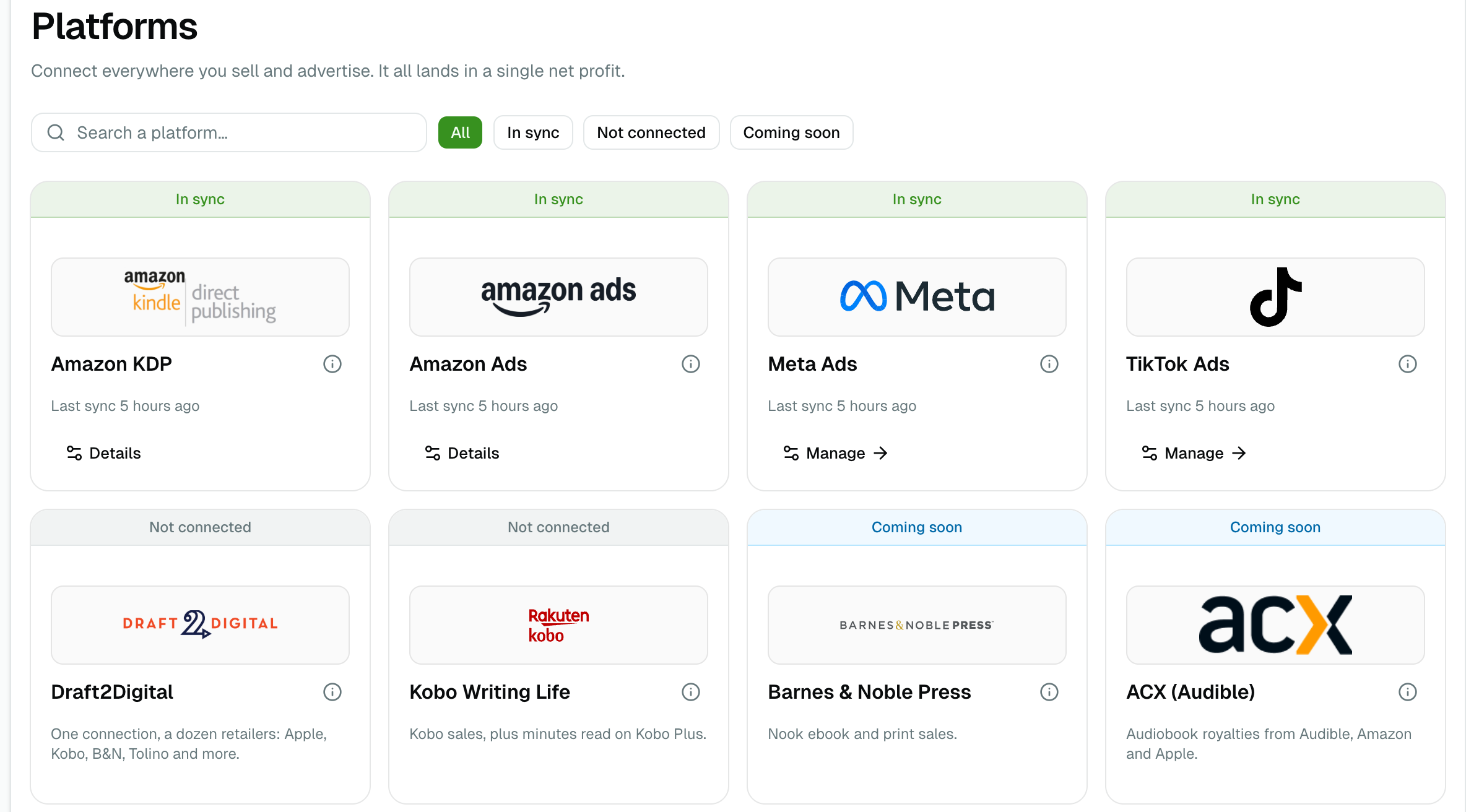 La page Plateformes montrant Amazon KDP, Amazon Ads, Meta Ads et TikTok Ads tous synchronisés, au-dessus de Draft2Digital et Kobo Writing Life marqués Non connecté, puis Barnes and Noble Press et ACX marqués Bientôt